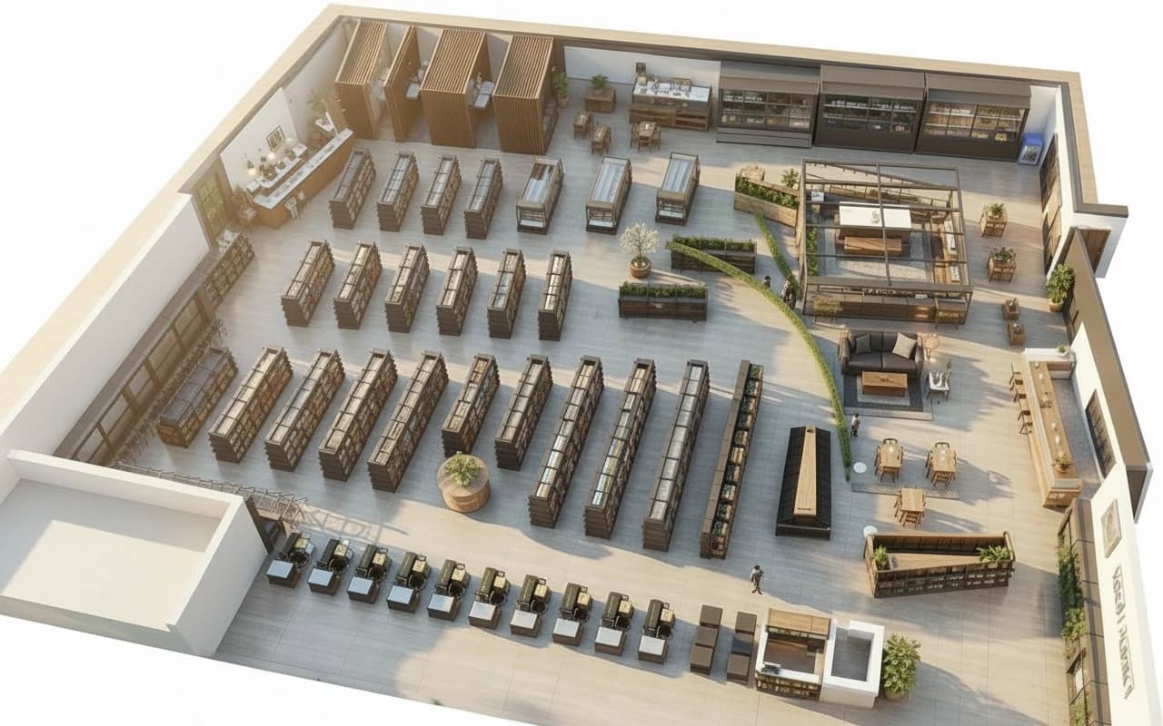 3D render komercijalnog layouta flagship prodavnice